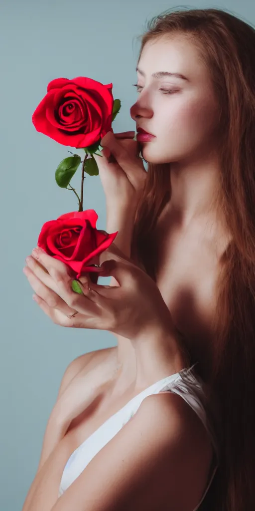 Image similar to a 2 0 years old woman touching a pastel red rose, dramatic angle, pastel style, portrait, beautiful face