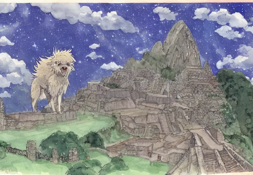 Prompt: a cell - shaded watercolor concept art from a studio ghibli film showing one giant grey griffon. a temple is under construction in the background in machu pichu on a misty and starry night. by studio ghibli. very dull muted colors