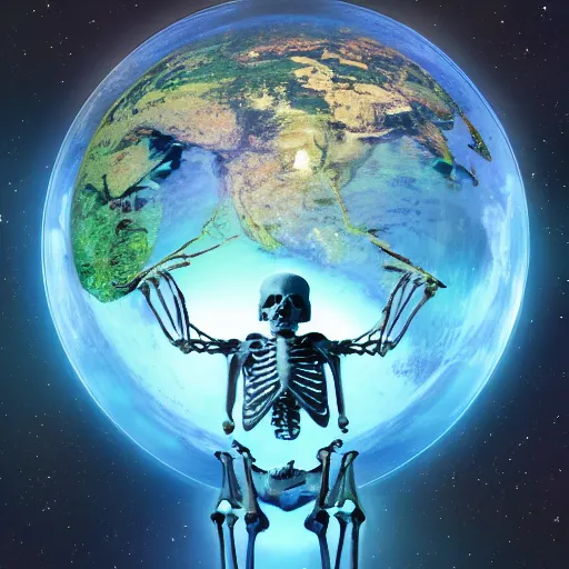 Image similar to A human skeleton in a museum with a holographic planet Earth next to it, science fiction, book cover