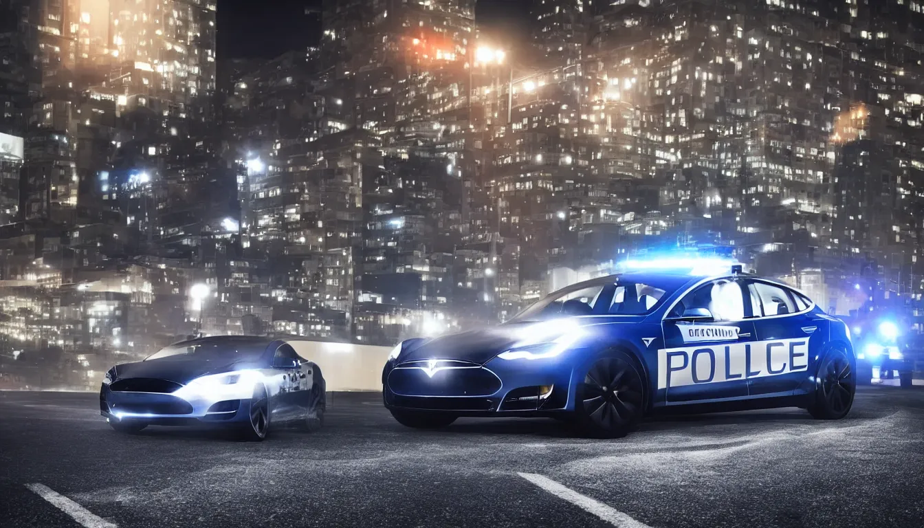 Prompt: Police Tesla at night with lights on, photorealistic, cinematic