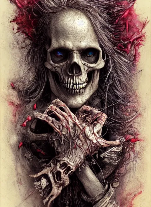 Image similar to mad hatter death tarot card, highly detailed, half skull face, cinematic, 8 k, by stanley artgermm, tom bagshaw, greg rutkowski, carne griffiths, ayami kojima, beksinski, giger, trending on deviantart, hyper detailed, horror, full of colour