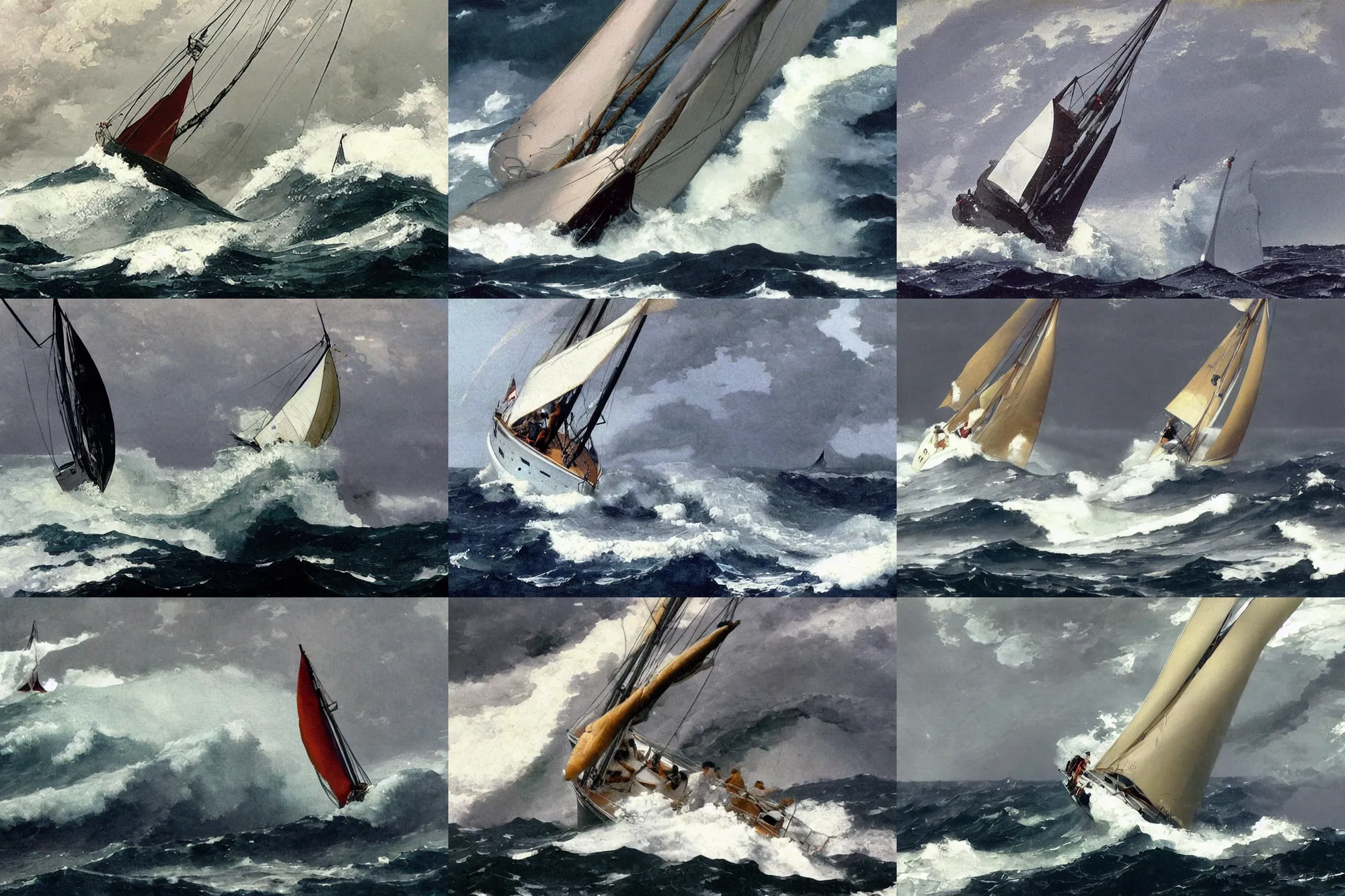 Prompt: photo of a sailing yacht in a severe storm, high seals and huge waves portraying helplessness by Winslow Homer