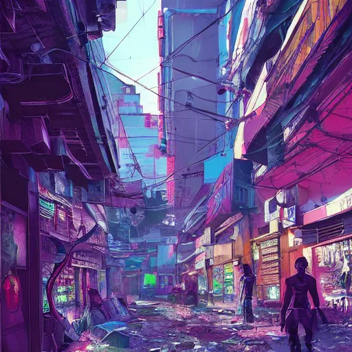 Image similar to cyberpunk kashmir!!!!!!! streets, aesthetic!!!!!!, trending on artstation, intricate, highly detailed