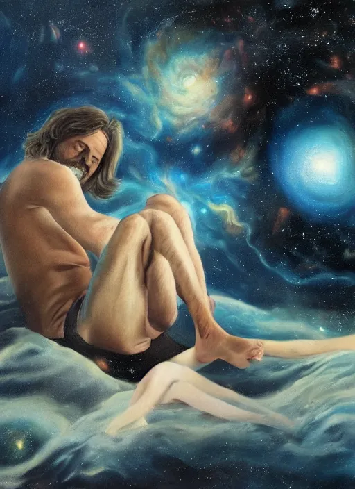 Image similar to alan watts laying down floating in the universe full body romanticism style painting highly detailed realism, featured on artstation