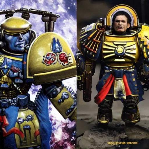 Prompt: emmanuel Macron in space marine armor from Warhammer 40k, game workshop style, on an alien battle chan, multiple details, shimmering light