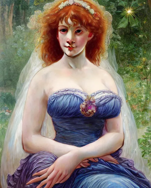 Image similar to realistic oil painting of young 1 8 - year old christina hendricks wearing an iridescent wedding dress covered in pearls, highly detailed, intricate,, elegant, digital painting, smooth, sharp focus, illustration, ultra realistic, 8 k, by bouguereau, alphonse mucha, artgerm, and donato giancola