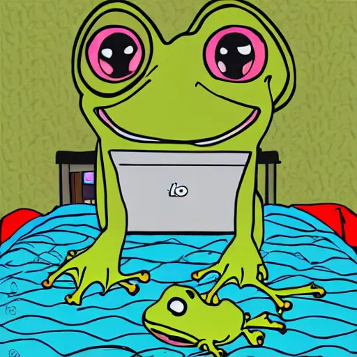 Prompt: peepo the frog!!!, crying on bed with laptop, in the style of lo-fi, dramatic,