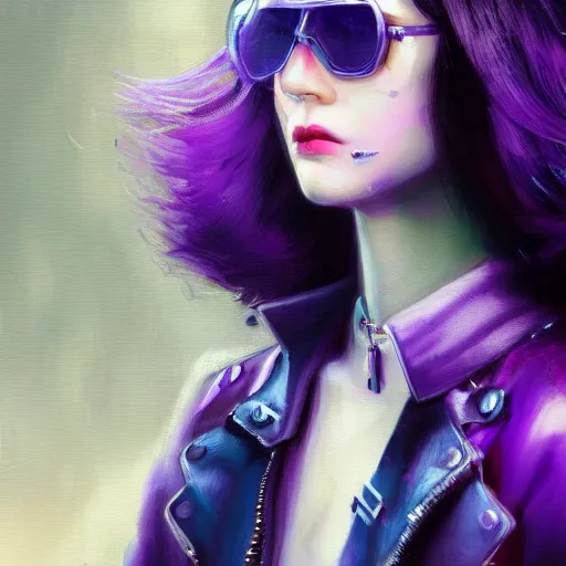 Prompt: very detailed masterpiece closeup painting of a very beautiful young mexican cyberpunk woman with blue shutter shades, one side haircut, dark purple hair, purple leather jacket, cyberpunk background, purple lighting, raining, portrait, artstation, concept art by greg rutkowski