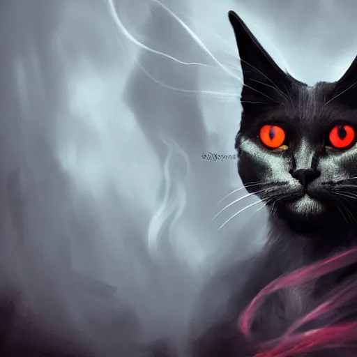 Image similar to fantasy portrait devil cat with red eyes looking towards camera and smoke in background, high detail, digital art, beautiful , concept art,fantasy art, 4k