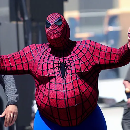 Image similar to DJ Khaled as morbidly obese Spiderman, MCU set photo, live-action adaptation, photograph