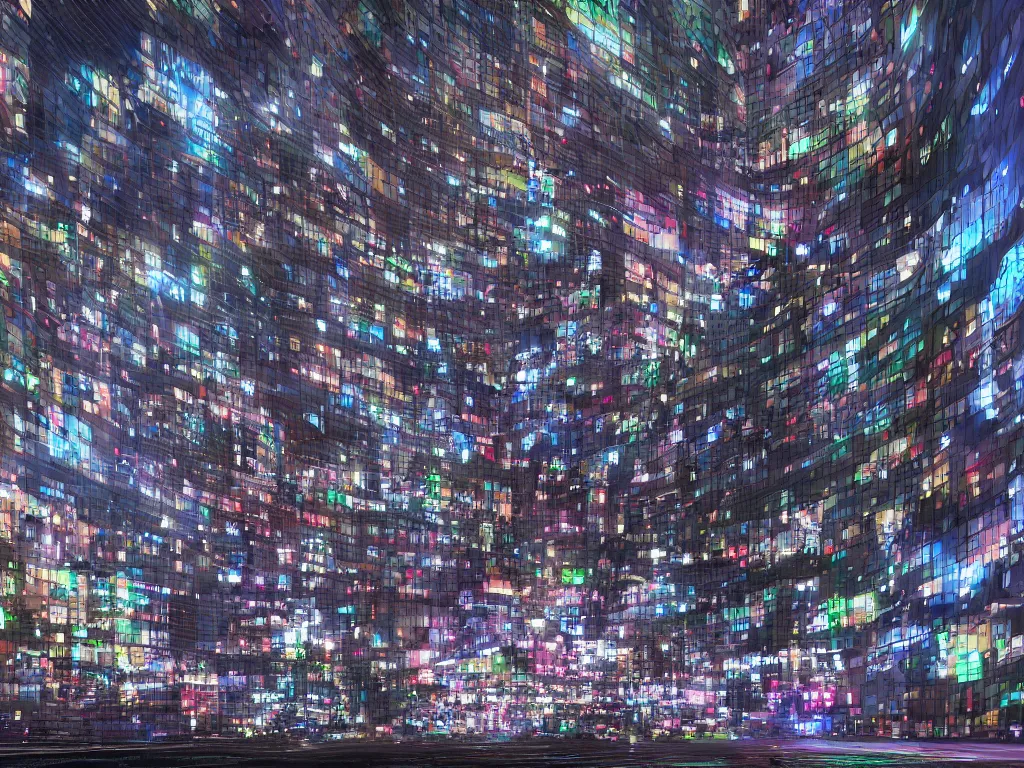 Image similar to city sized curved screens projecting a reference sheet, perfect lighting pixel sorting