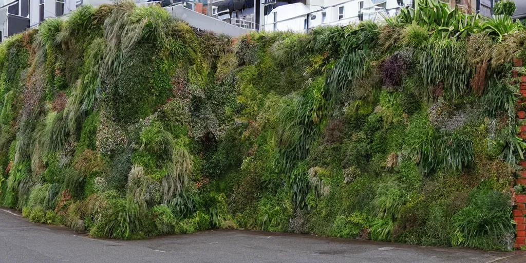 Image similar to lampton quay, wellington city, new zealand where the building walls are covered in living walls made of nz endemic plants. rainy windy day. google street view