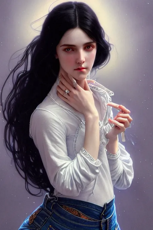 Image similar to ultra realistic, Beautiful black haired woman, Porcelain white complexion, big blue eyes, cute small lips., wearing jeans and white blouse, whip in hand, intricate details, eerie, highly detailed, octane render, 8k, art by artgerm and alphonse mucha and greg rutkowski