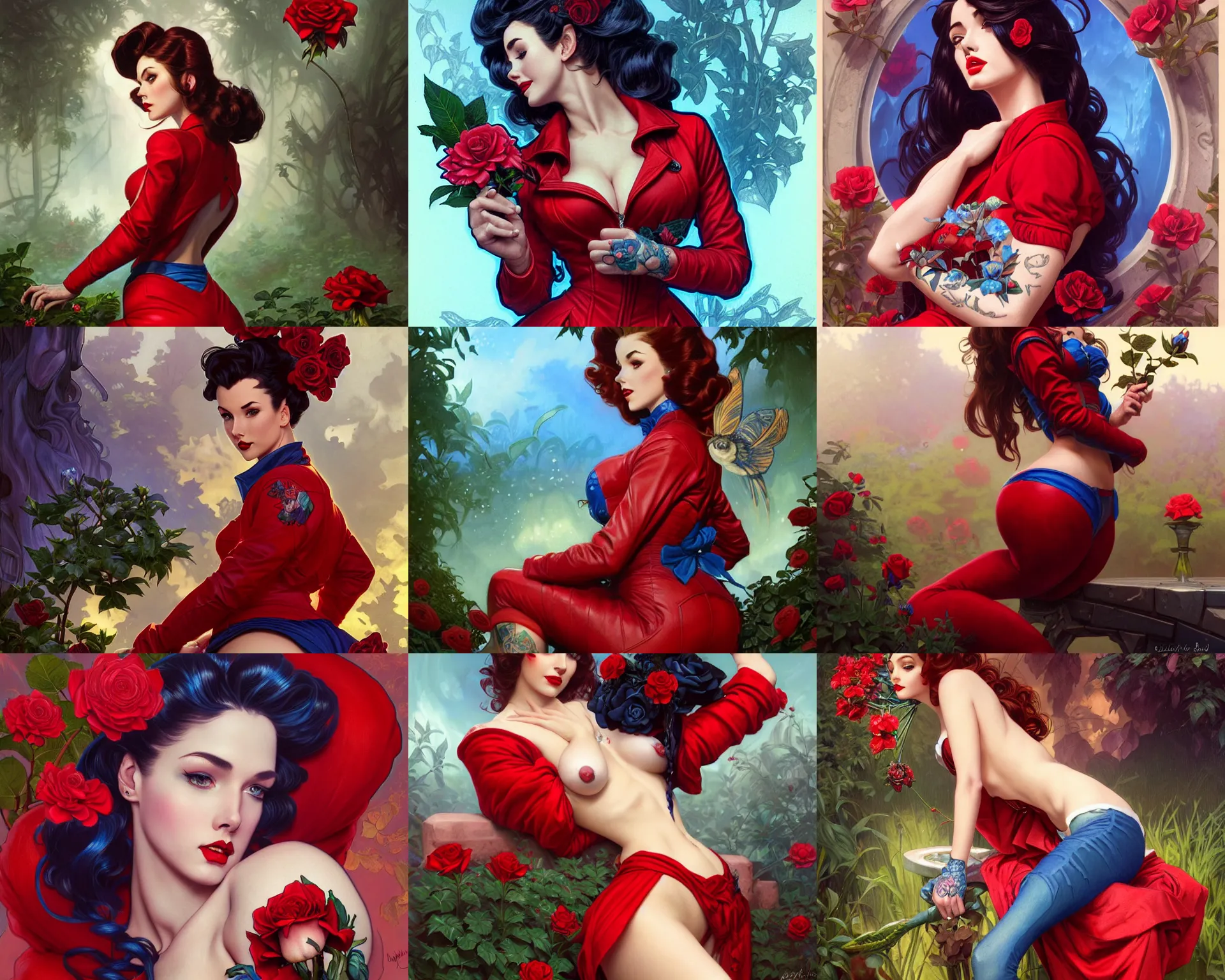 Prompt: red jacket tattooed pinup sits on the garden holding a blue rose, deep focus, turnaround, fantasy, intricate, elegant, highly detailed, digital painting, artstation, concept art, matte, sharp focus, illustration, hearthstone, art by artgerm and greg rutkowski and alphonse mucha.