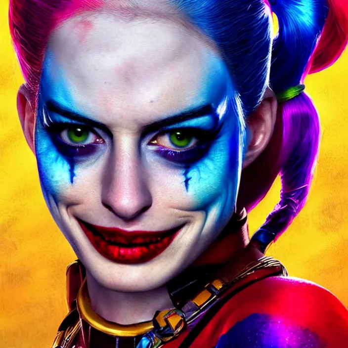 Image similar to portrait of Anne Hathaway as a harley quinn in Suicide Squad. HD,4K. intricate. intricate artwork. by Tooth Wu, wlop, beeple, dan mumford. octane render, trending on artstation, greg rutkowski very coherent symmetrical artwork. cinematic, hyper realism, high detail, octane render, 8k, iridescent accents