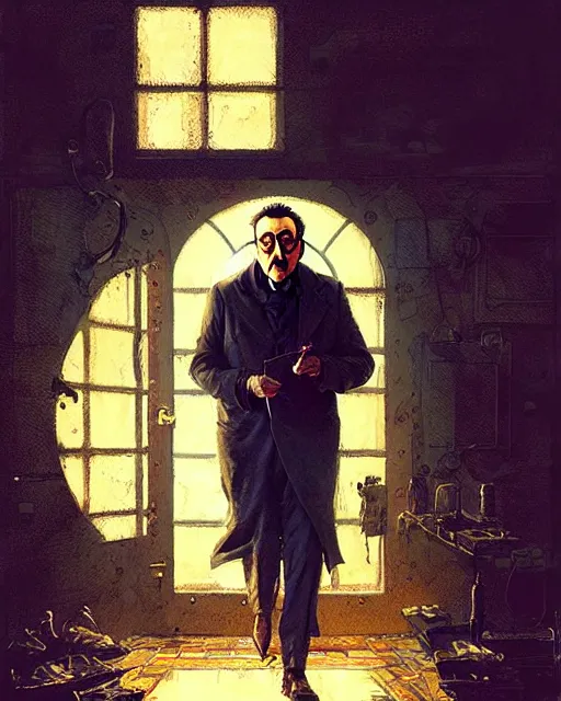 Image similar to peter sellers as inspector clouseau sneaking at night, pulp character portrait, ultra realistic, concept art, intricate details, highly detailed by greg rutkowski, gaston bussiere, craig mullins, simon bisley