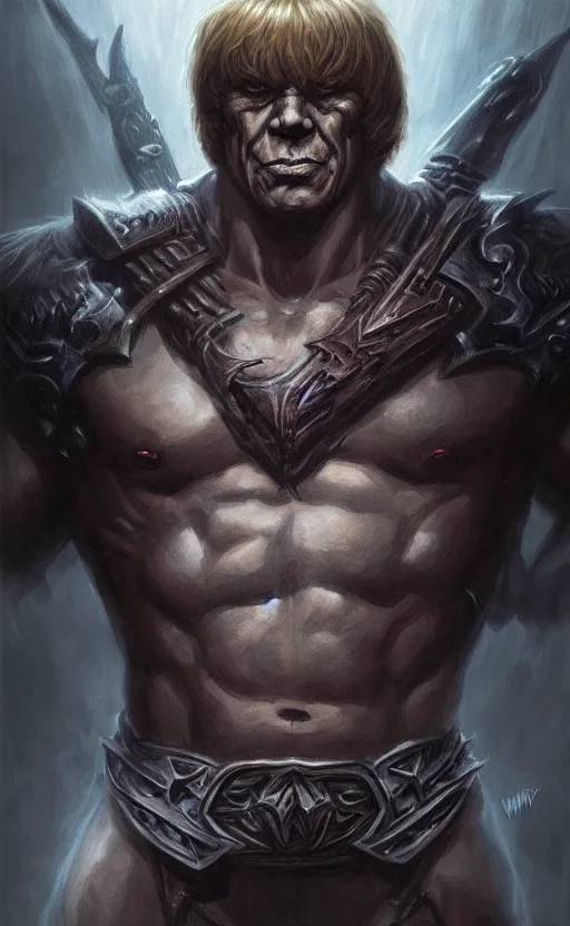 Image similar to uncut portrait of he - man, dark and mysterious and eerie and ominous character, cinematic, epic, highly detailed, intricate, illustration, artwork by marcus whinney and greg rutkowski