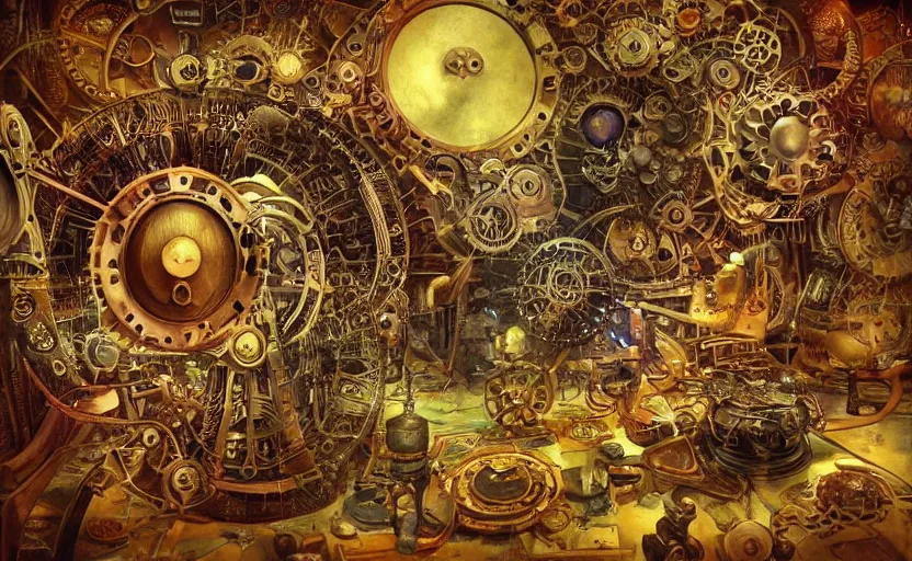 Image similar to “a psychedelic steampunk music machine made of intricate gears and industrial machine parts, by Vladimir kush , by Roger dean, By syd mead, by josip csoor, 8k resolution, realistic shadows, 3D, rendered in octane, volumetric lighting, hyper detailed, photorealistic, psychedelic”