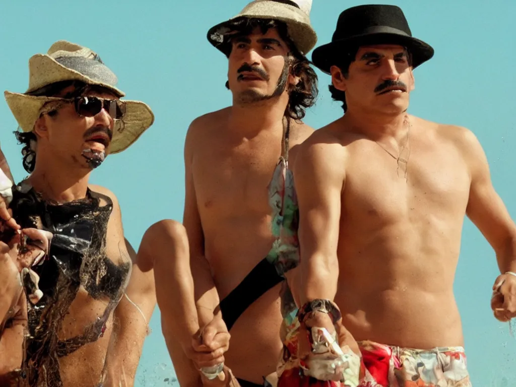 Prompt: Close up of Mario in a hat and Gomez in Harmony Korine Spring Breakers film aesthetic!!! photorealistic