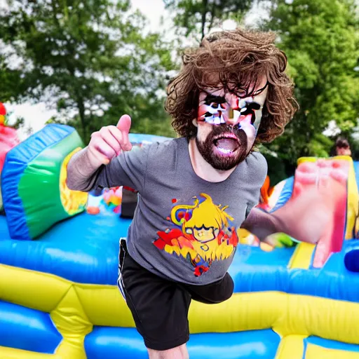 Image similar to peter dinklage jumping in a bouncey castle at a birthday party, ( sony a 7 r iv, symmetric balance, polarizing filter, photolab, lightroom, 4 k, dolby vision, photography awardm, voque, perfect face )