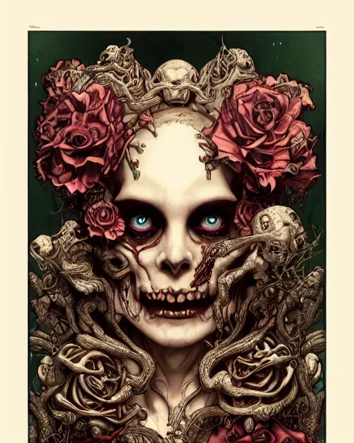 Prompt: perfectly centered portrait front view of a angry dead rotten beautiful female skull growing ornamentation all around, ornate, ornaments, detailed, symmetrical, elegant, beautifully soft lit, by wayne barlowe, peter mohrbacher, kelly mckernan, alphonse mucha