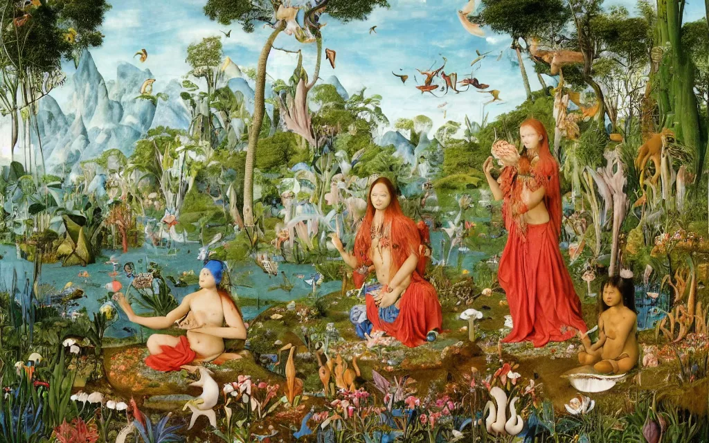 Image similar to a portrait photograph of a meditating mermaid shaman and a centaur monk feeding tropical animals at a wide river delta. surrounded by bulbous flowers, animals, trees and mushrooms. mountain range under a vast blue sky of burning stars. painted by jan van eyck, max ernst, ernst haeckel and artgerm, cgsociety, artstation, fashion editorial