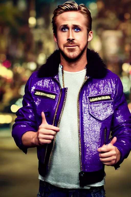 Image similar to Ryan Gosling with silver-violet hair, white eyes inflated press and denim glittery vest, wide lens, diorama, 4k,