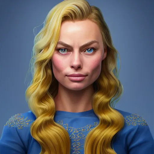 Prompt: an insanely detailed realistic depiction of smiling haley from stardew valley, flowing golden blonde hair, sapphire blue eyes, perfect makeup, perfect teeth, wearing lovely blue dress, looks like margot robbie, in the style of peter mohrbacher, artgerm, dramatic lighting and composition, octane render, trending on artstation, concept art 8 k