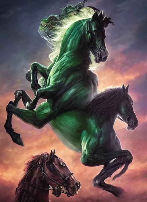 Image similar to the singular horseman of the apocalypse is riding a strong fierce ferocious undead green stallion, horse is up on its hind legs, the strong male rider is death with a scithe, beautiful artwork by artgerm and rutkowski, breathtaking, beautifully lit, dramatic