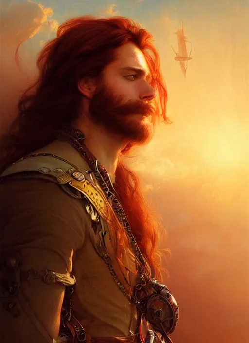 Image similar to portrait painting of a handsome face rugged long hair crimson hair male captain, top half portrait soft hair steampunk ornate mechanical zeppelin airship in the background sky sunset golden hour fantasy soft hair deviantart book cover art dramatic volumetric lighting art by wlop greg rutkowski gaston bussiere