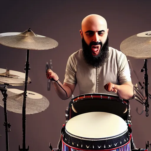 Image similar to bald arab guy with a beard playing a drum solo on a large drum kit, extremely detailed, concept art, soft lighting, 8k