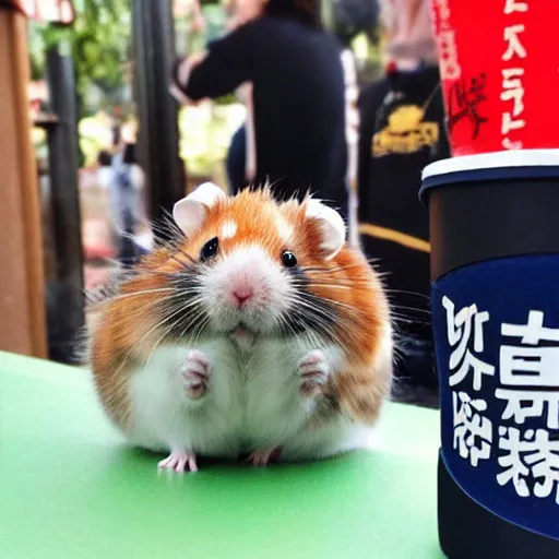 Image similar to japanese hamster samurai drinking beer in big cup