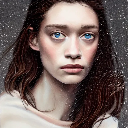 Image similar to professional painting of Astrid Frisbey in the style of Paola Vetri, head and shoulders portrait, symmetrical facial features, smooth, sharp focus, illustration, intricate, stormy weather, extremely detailed masterpiece,