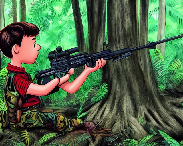 Prompt: Charlie Brown in the jungles of Vietnam holding a M16 rifle, ultra realistic digital painting,