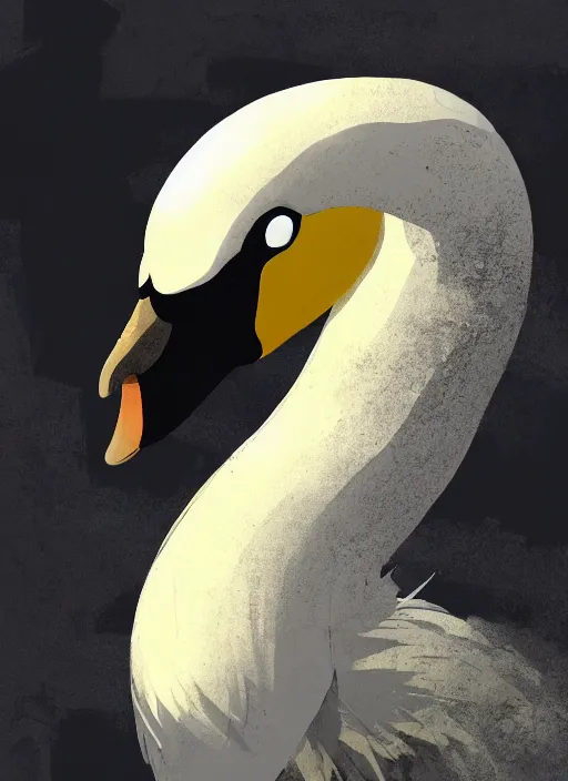 Image similar to portrait of a swan bird, black sky background, chaotic landscape, illustration concept art anime key visual trending pixiv fanbox by wlop and greg rutkowski and makoto shinkai and studio ghibli and kyoto animation, kaki body suit, odst, short body, yellow beak, military gear, grimdark, volumetric lighting