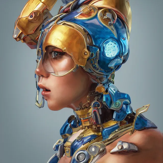 Prompt: studio portrait of lawful good colorful female holy mecha paladin absurdly beautiful, elegant, young swimsuit model, ultrafine hyperrealistic detailed face illustration by kim jung gi, irakli nadar, intricate linework, sharp focus, bright colors, matte, octopath traveler, final fantasy, unreal engine highly rendered, global illumination, radiant light, intricate environment