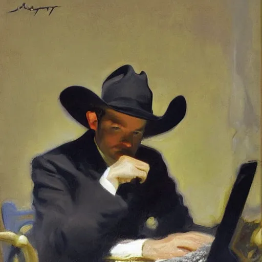 Prompt: 🤠 using a 🖥, by john singer sargent