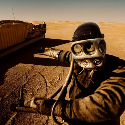 Image similar to a man wearing heavy equipment and a welding mask, in the desert, action movie, Mad Max inspired, film still, arriflex 35