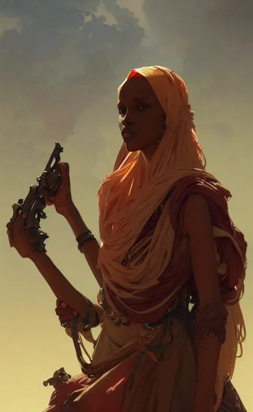 Image similar to a personification of the country somalia, highly detailed, digital painting, artstation, concept art, sharp focus, illustration, art by greg rutkowski and alphonse mucha