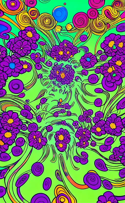 Prompt: fantastic flowers trippy, psychedelic, wide angle shot, white background, vector art, illustration by frank frazetta