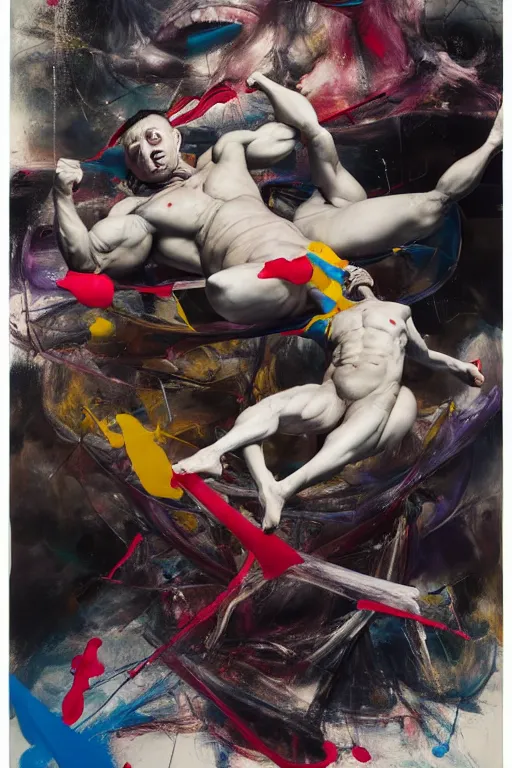 Image similar to muscular men entwined together, floating in space, zero gravity, inside a brutalist space ship, gothic, rich deep colours, painted by francis bacon, adrian ghenie, james jean and petra cortright, part by gerhard richter, part by jenny saville, part by takato yamamoto. 8 k masterpiece