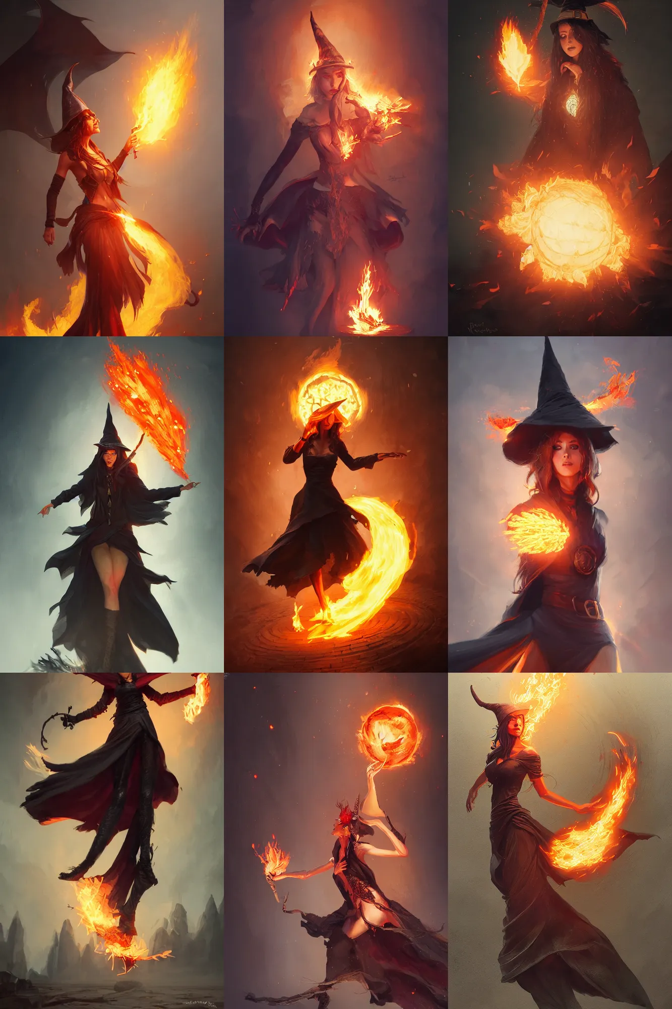 Prompt: a sorceress with a witch hat casting a fire ball, detailed illustration, digital art, overdetailed art, concept art,, detailed illustration, hd, 4 k, digital art, greg rutkowski, trending on artstation