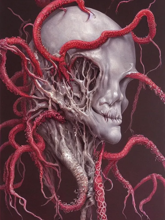 Image similar to painting by wayne barlowe of a flying sorrowful looking severed human head with tears running down it's eyes, face that is chalk white in color, with long sprawling white tentacles stemming down it's neck, fiery scorching red eyes, flying in a terrying hellish dark cavernous place