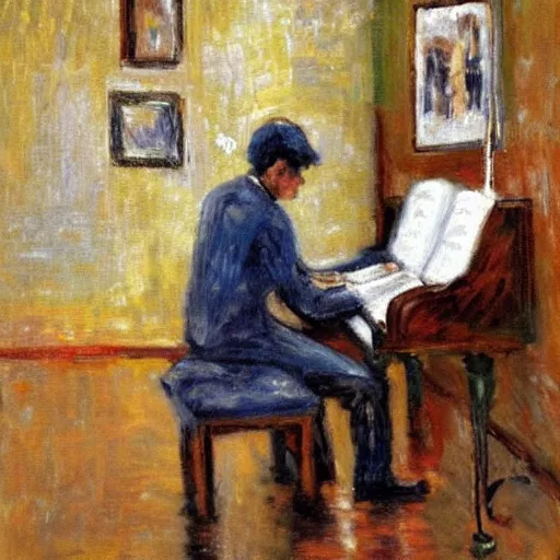 Image similar to a person playing the piano in a cafe on a rainy day, impressionist art