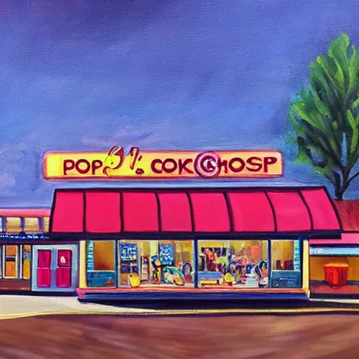 Prompt: beautiful painting of a diner named Pop's Chock'lit Shoppe