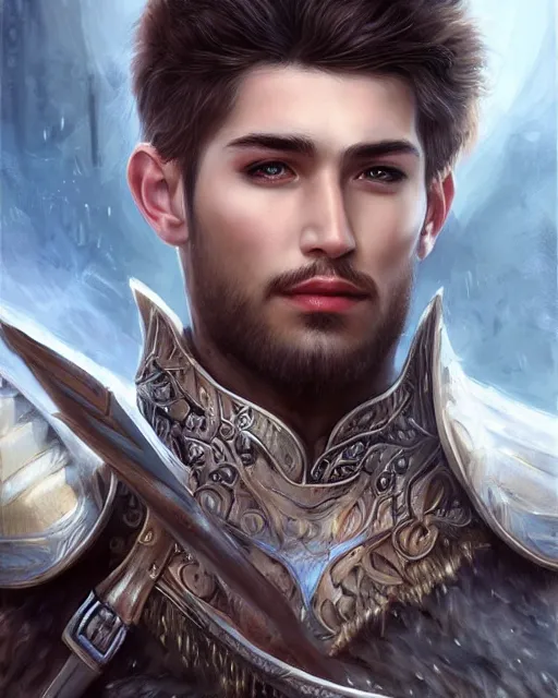 Image similar to a beautiful male warrior, 8 k, hyperrealistic, hyperdetailed, fantasy portrait by laura sava