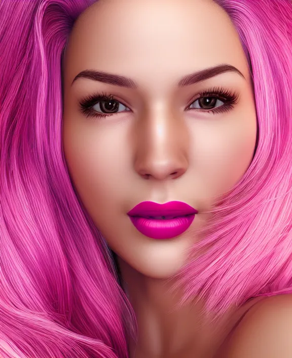 Image similar to ultra realistic portrait of a hot woman, colorful hair, pink lips, gorgeous smile, stunning, hottest, 8K resolution, 3D, Octan render,