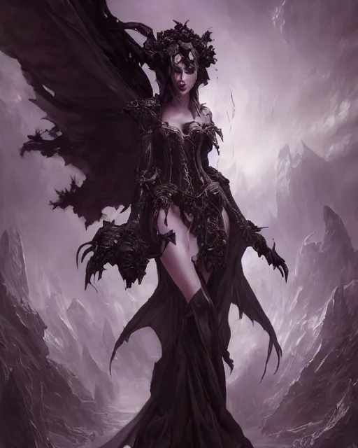 Image similar to daniel gerhartz and artgerm detailed portrait digital rococo painting of a beautiful serious villainess wearing fantasy clothing like liliana vess, villainess has black angel wings, evil mood, hellish battlefield in the background, embers flying, unreal engine, hyper realism, realistic shading, cinematic composition, blender render, octane render, detailed textures, photorealistic, ultrawide shot