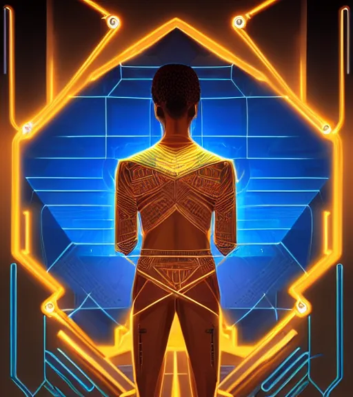 Image similar to symmetry!! egyptian prince of technology, solid cube of light, hard edges, product render retro - futuristic poster scifi, lasers and neon circuits, brown skin man egyptian prince, intricate, elegant, highly detailed, digital painting, artstation, concept art, smooth, sharp focus, illustration, dreamlike, art by artgerm