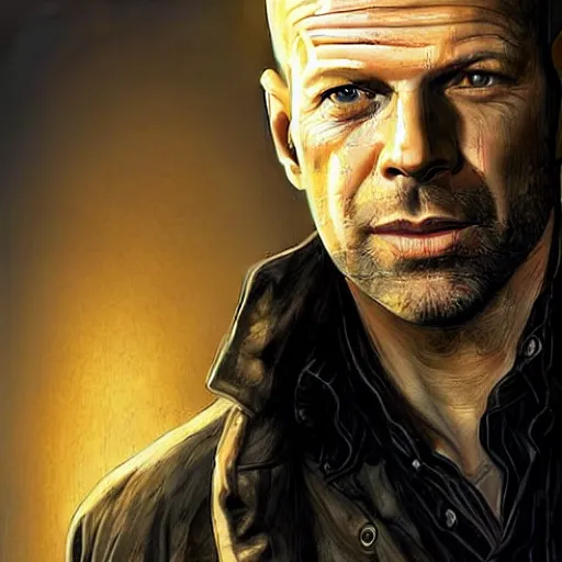 Prompt: A combination of Bruce Willis's and Neil Patrick Harris's and Eric Christian Olsen's faces as Aiden Caldwell character from Dying Light 2 Stay Human, western, D&D, fantasy, intricate, elegant, highly detailed, digital painting, artstation, concept art, matte, sharp focus, illustration, art by Artgerm and Greg Rutkowski and Alphonse Mucha